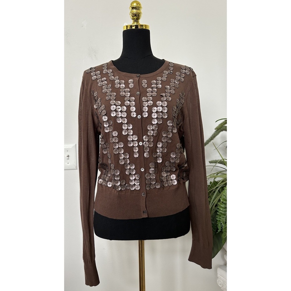 St John L Brown Cardigan Sweater Knit Paillette Embellished Y2K Party